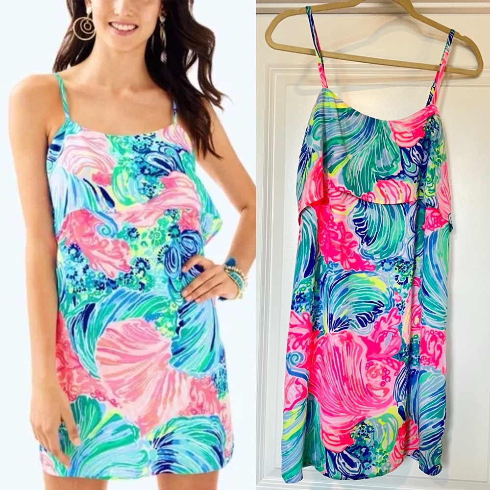 Lilly Pulitzer Lexi Dress Womens Small Multi Beach Please Sleeveless Ruffle Pink
